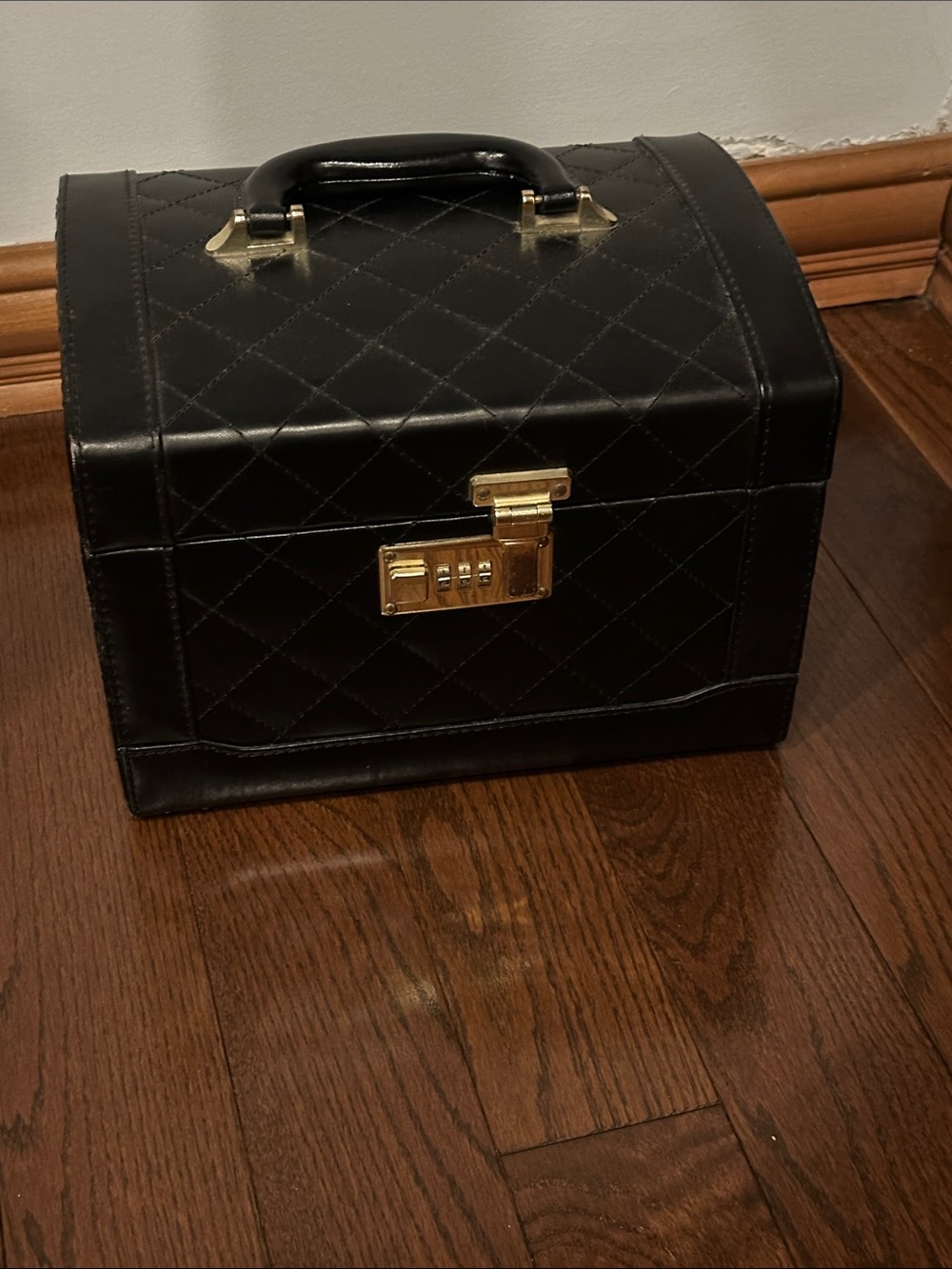Quilted Black Leather Train Case with Gold Hardware